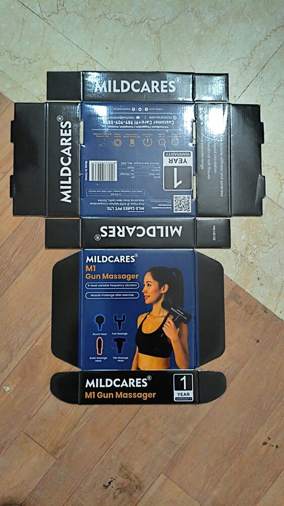 Mildcares M1 Gun Massager die-cut unfolded carton